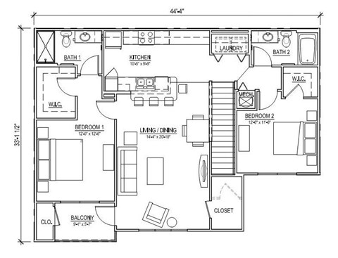 A floor plan of a house with two bedrooms, a living room, a kitchen, a laundry room, a bathroom, a balcony, and a closet.